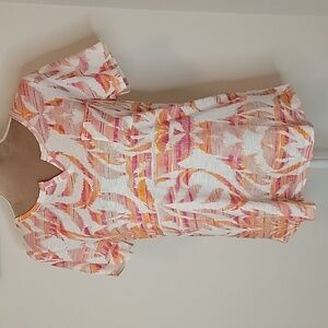 Chico's V-Neck, Single Pocket Tee.  White with Pinks and Oranges, EUC, NO SIZE